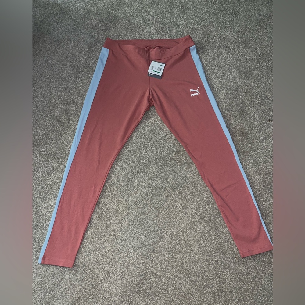 Puma Leggings Womens Iconic T7 Tight Fit Mauvewood L Pink And Light Blue NWT